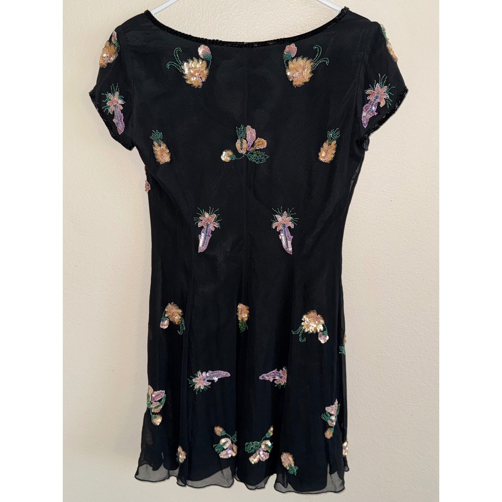 Vintage Cache Black 100% Silk Beaded Pineapple Floral Mini Dress Womens 6 - Picture 9 of 11